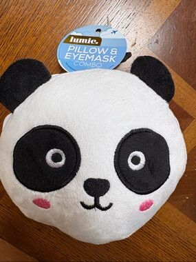 Lumie Kids Panda Pillow & Eyemask Combo - White with Black and Pink Accents